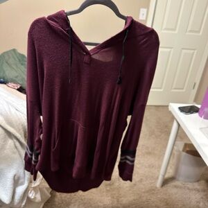 Maroon Hooded Sweatshirt with Striped Sleeves